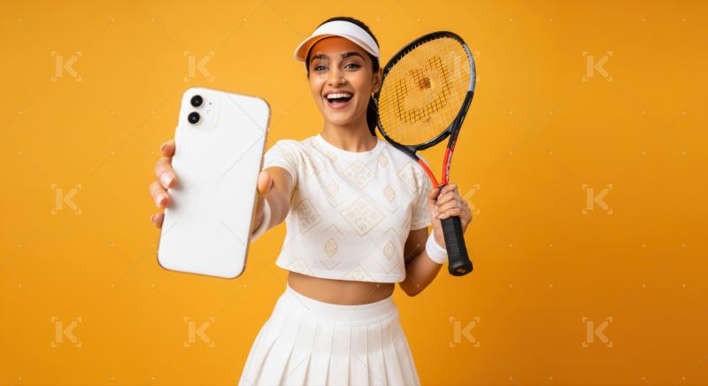 Joyful woman in tennis attire holding phone and racket