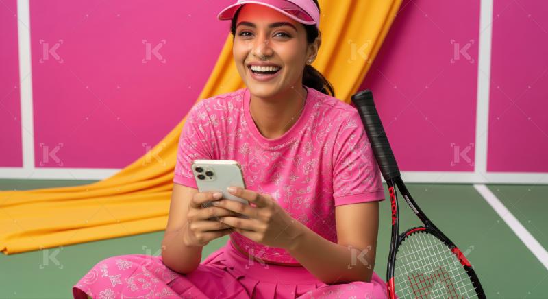 Joyful Indian tennis player smiles brightly, holding her smartphone