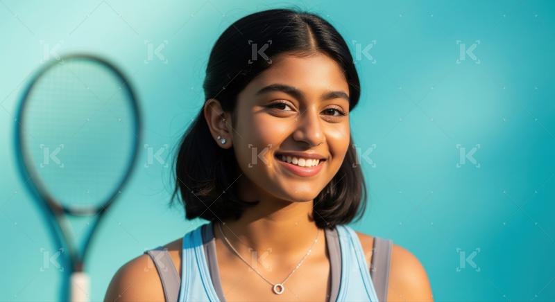 Happy female player posing against vibrant blue background with racket