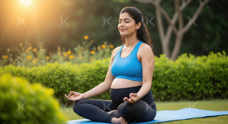 Peaceful pregnant woman meditating outdoors in a tranquil, natural setting.
