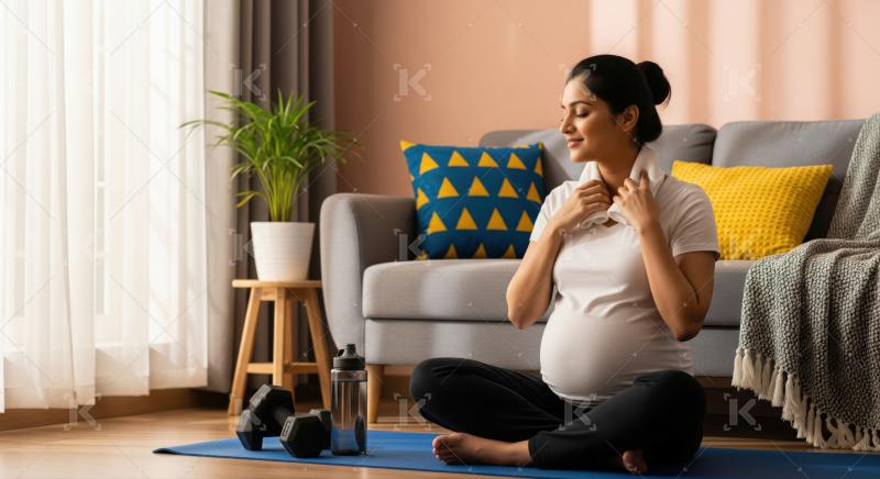 Calm expectant mother unwinds after a beneficial prenatal exercise session.