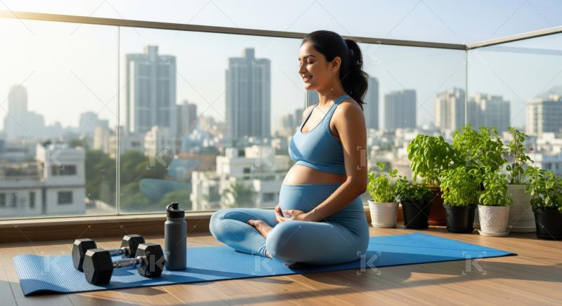 Expectant mother finds inner peace practicing yoga outdoors on balcony.