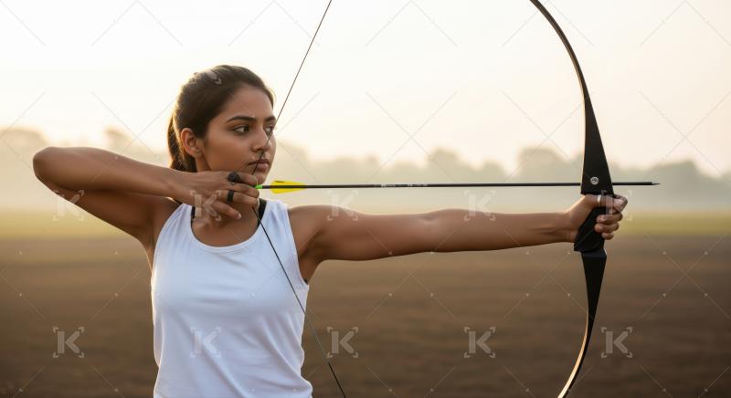 Young Indian woman practices archery outdoors during a serene golden hour