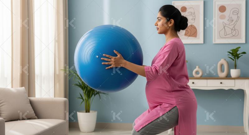 Expectant mother maintains health and fitness with exercise ball.