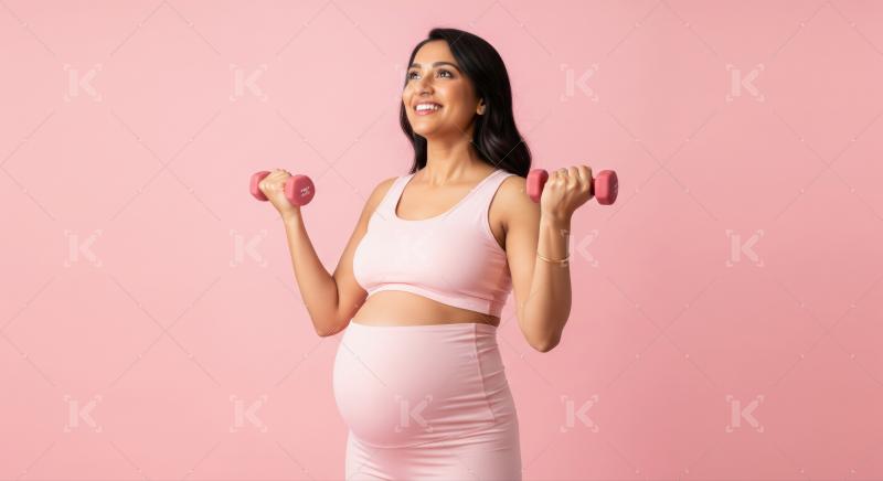 Healthy pregnant woman happily exercises with dumbbells, promoting prenatal fitness.