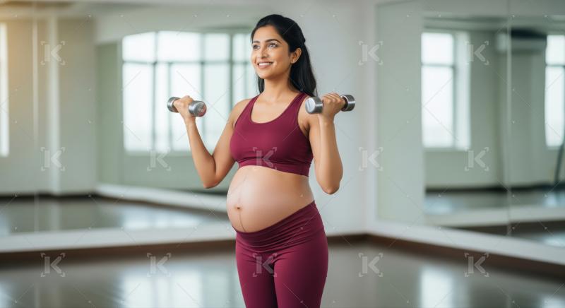 Smiling expectant mother maintains health and strength during pregnancy with exercise.