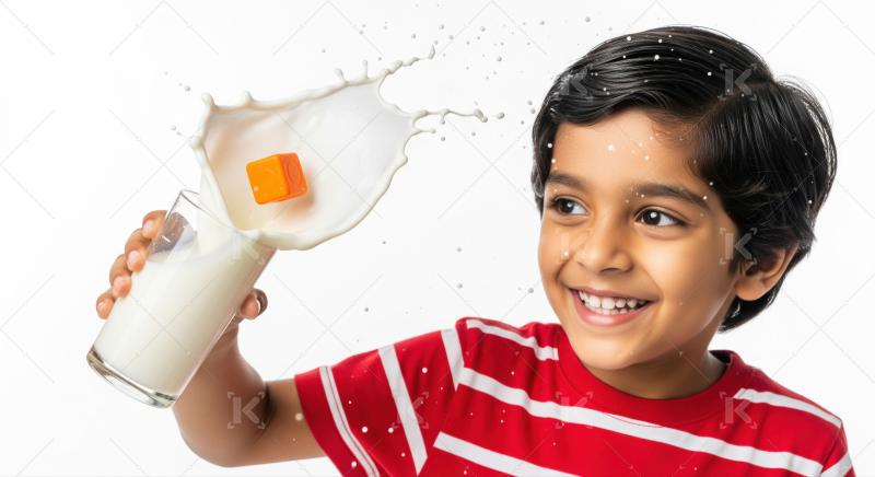 Joyful child watches exciting milk splash with a colorful cube.