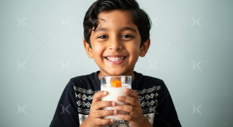 Joyful child holds milk, a healthy and refreshing beverage for wellbeing.