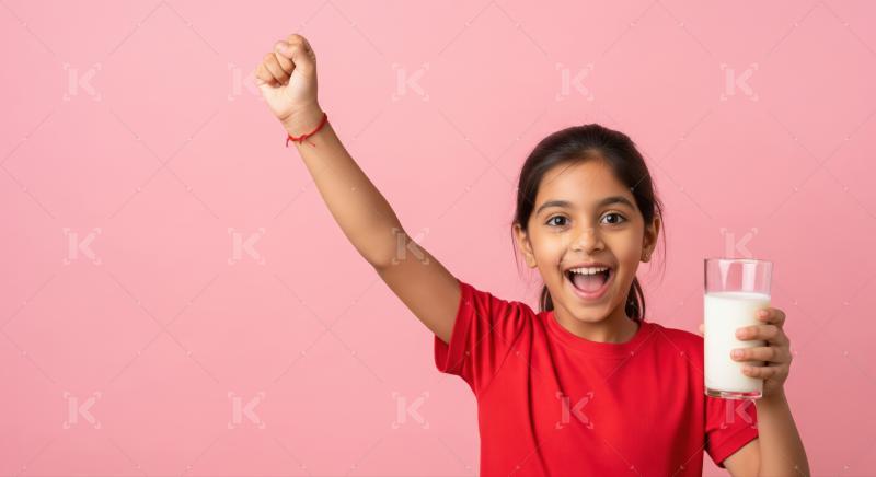 Joyful girl promoting a healthy lifestyle with fresh milk on pink.