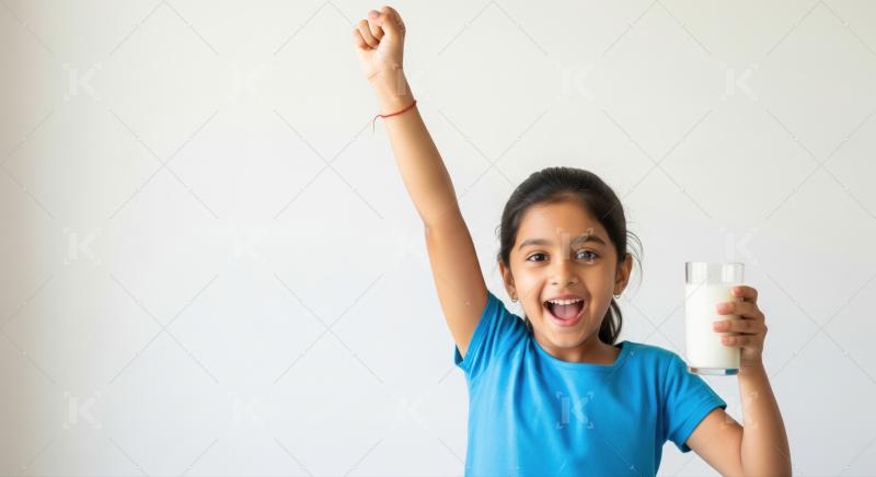 A joyful young girl celebrates with a refreshing glass of milk.