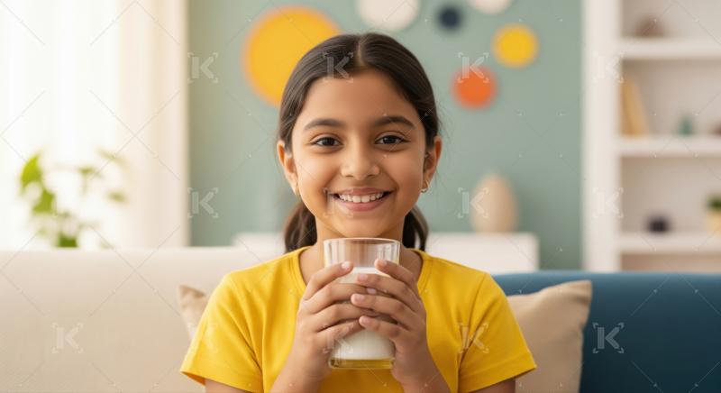 Cheerful child enjoying a healthy milk drink in her living room.