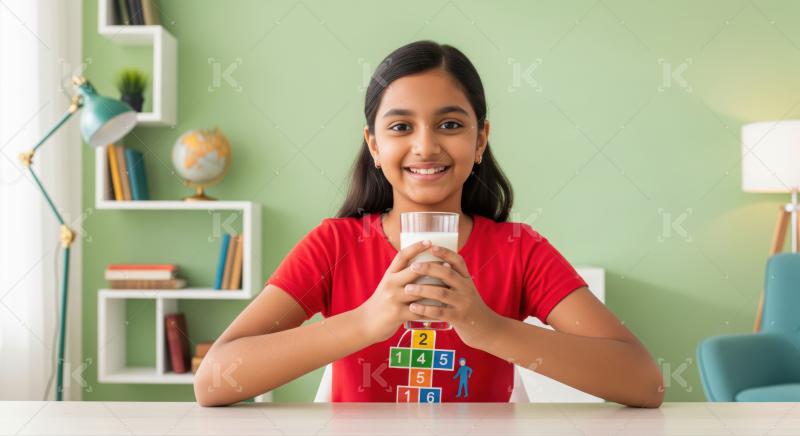 Cheerful Indian girl smiles brightly holding healthy milk indoors.
