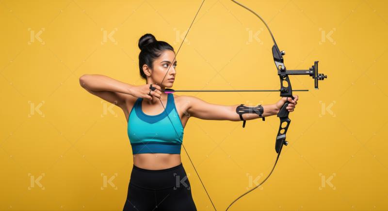 Young woman archer aiming bow with intense focus and determination
