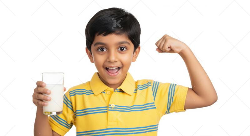 Smiling child shows strength, holding milk glass, promoting good health.