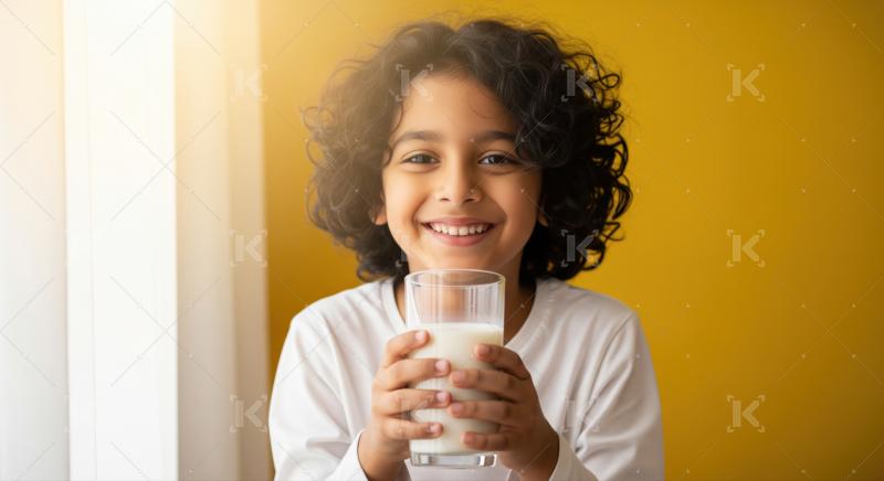 Joyful boy holding a glass of milk, promoting childhood health.