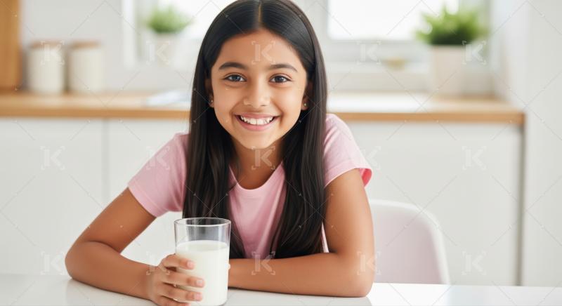 Joyful child enjoys her nutritious glass of fresh milk.