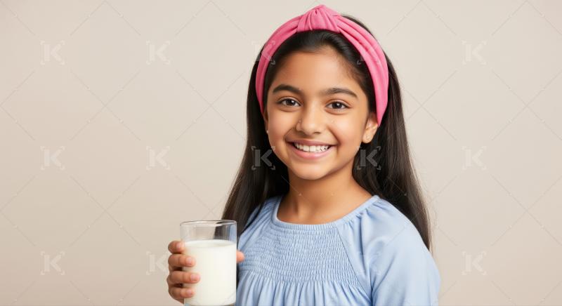 Happy young Indian girl smiling, holding glass of fresh milk.