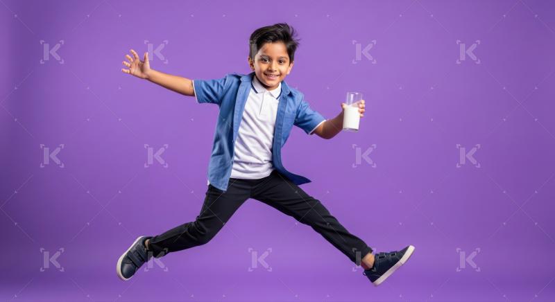 Cheerful boy jumping happily, holding a glass of fresh milk.