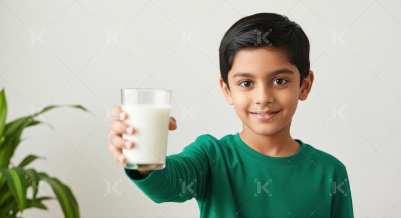 Smiling child, holding a glass of fresh, healthy milk.