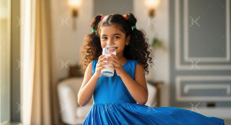 Adorable child drinks healthy milk, leaving a funny mustache.