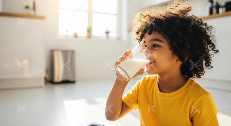 Adorable young child enjoying a refreshing glass of milk indoors.