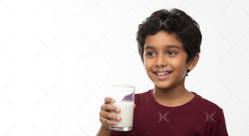 A happy Indian boy smiling while holding a glass of milk.