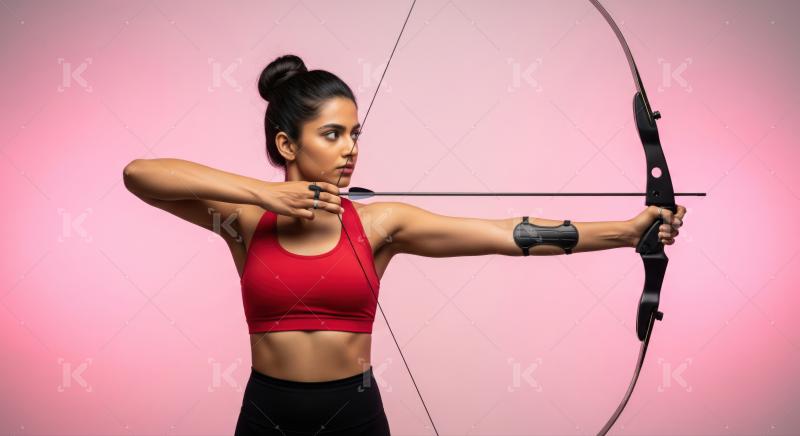 Determined young woman practices archery, aiming with precision on pink