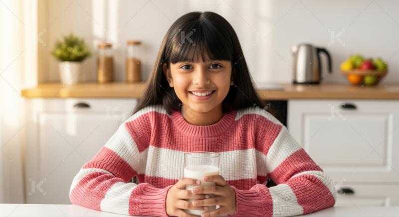 Cheerful girl enjoys a glass of healthy milk daily.