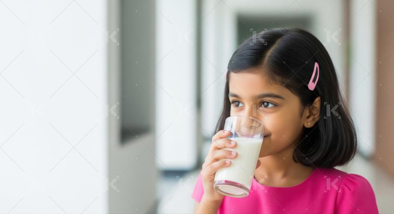 Smiling Indian girl drinks nutritious milk, promoting health and wellness.
