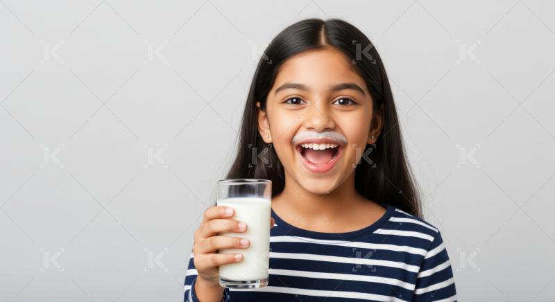 Joyful Indian child smiles playfully, showing milk mustache after drinking.