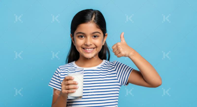 Cheerful Indian girl holding milk, giving positive thumbs-up gesture.