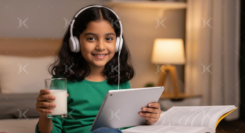 Young girl enjoys digital learning with tablet and healthy milk.