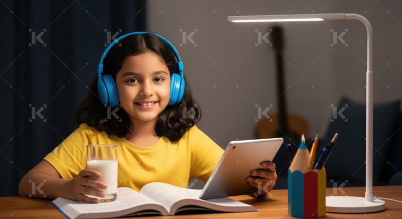 Smiling girl enjoys evening home study with tablet and milk.