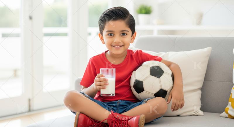 Happy child enjoys healthy drink after playing with ball.