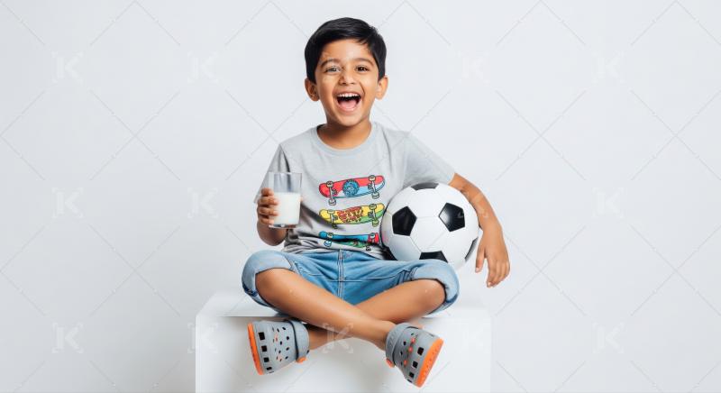 A cheerful child enjoys healthy milk and his favorite soccer ball.