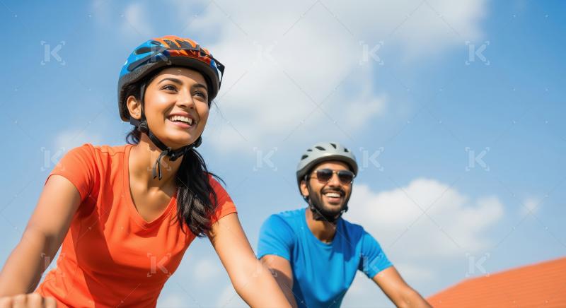 A woman and man wearing helmets are cycling together outdoors on