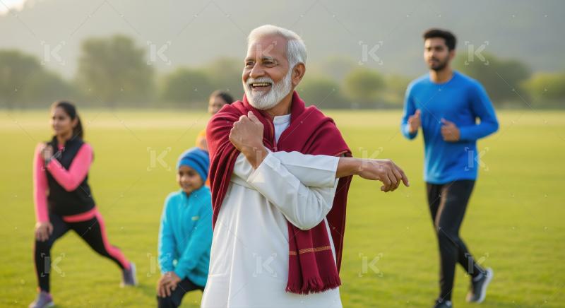 An elderly man in a maroon shawl stretches his arm while others