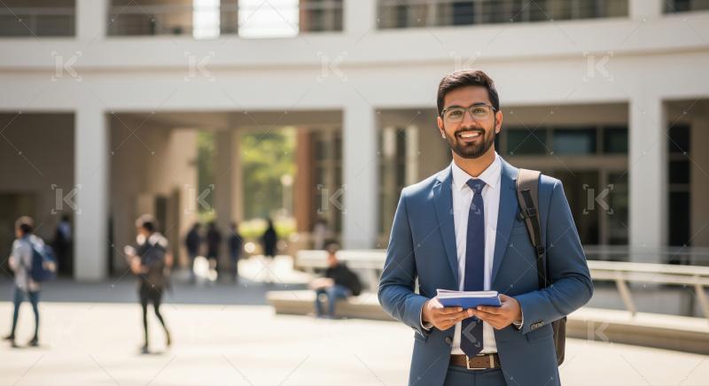 A young male college student in a blue blazer stands on campus,