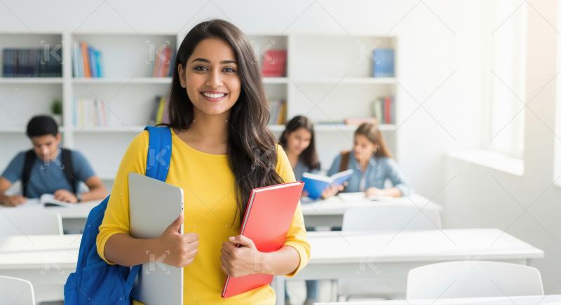 A confident female student holding notebooks and giving a thumbs