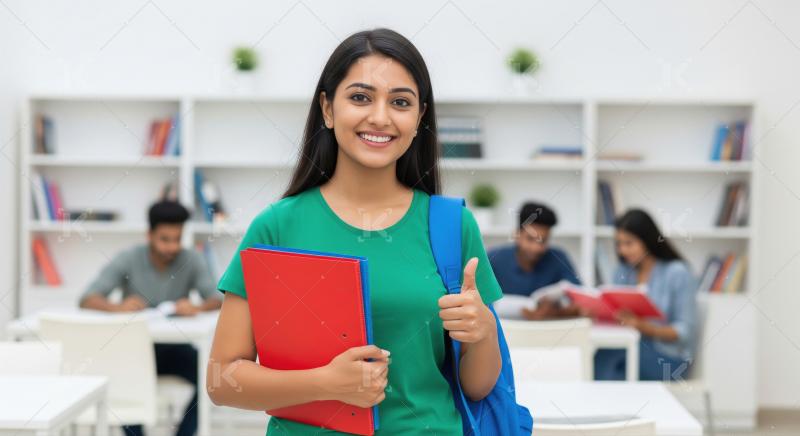 A confident female student holding notebooks and giving a thumbs