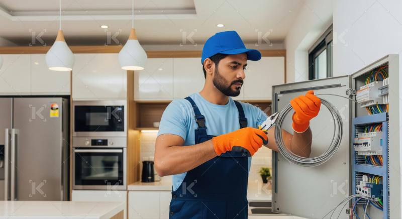 A confident maintenance worker in overalls and toolbelt points w