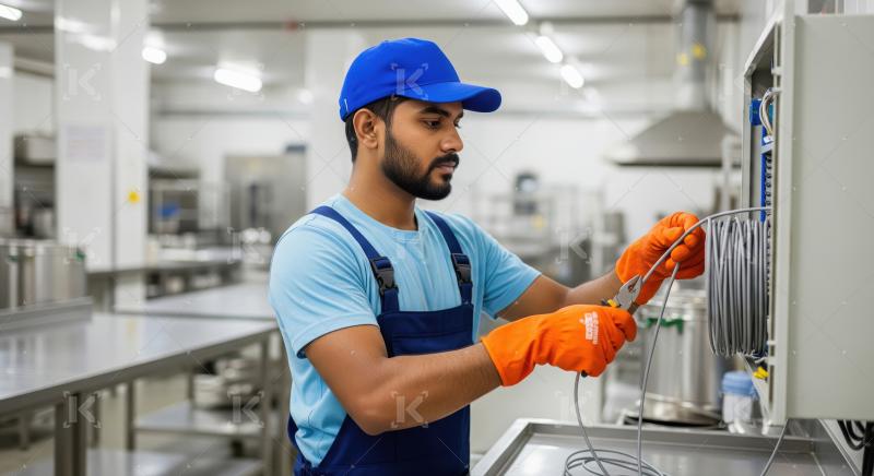A confident maintenance worker in overalls and toolbelt points w