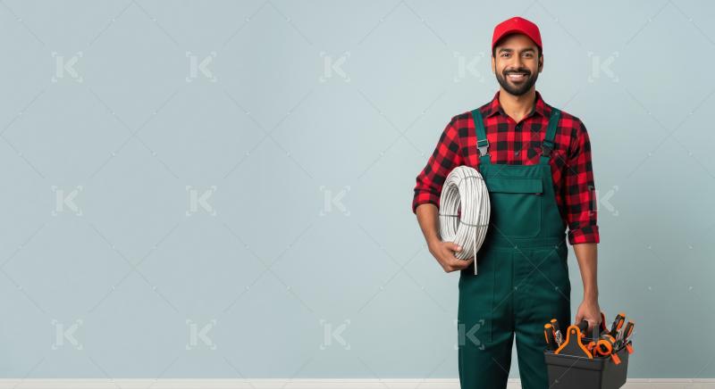 A confident maintenance worker in overalls and toolbelt points w