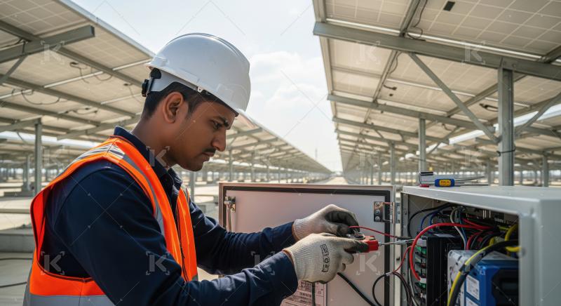 A confident maintenance worker in overalls and toolbelt points w