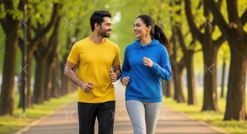 A young man and woman jog together along a tree-lined path in a