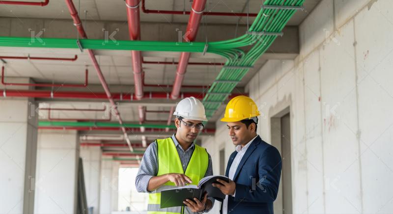 Two engineers in safety gear and helmets discuss blueprints toge