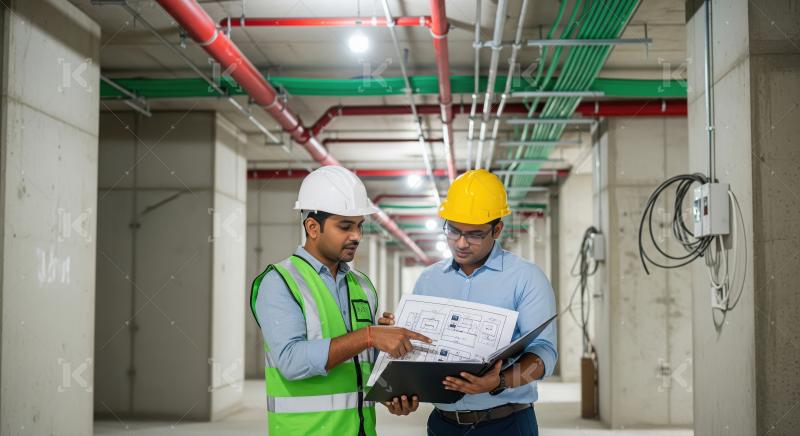 Two engineers in safety gear and helmets discuss blueprints toge