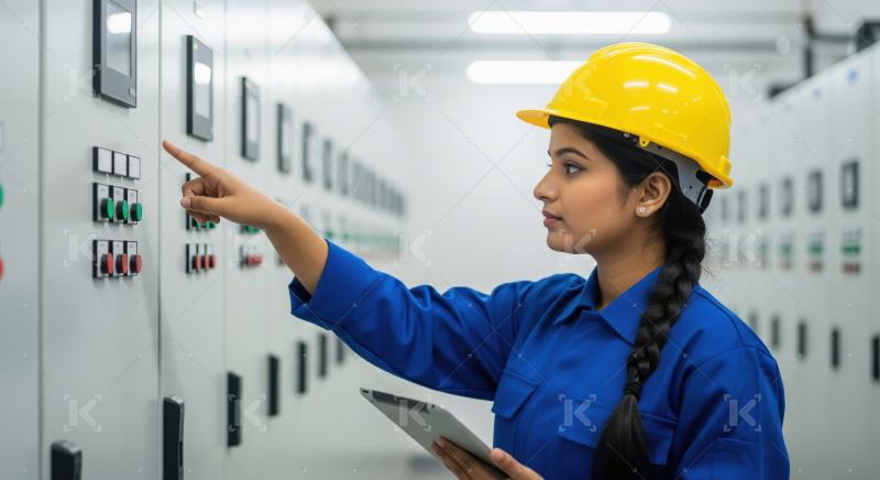 A female engineer in blue overalls uses a tablet and digital con