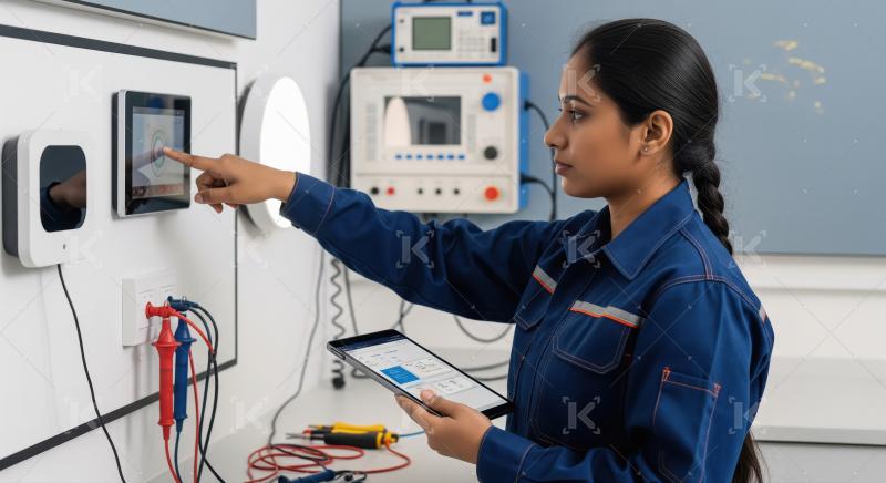 A female engineer in blue overalls uses a tablet and digital con