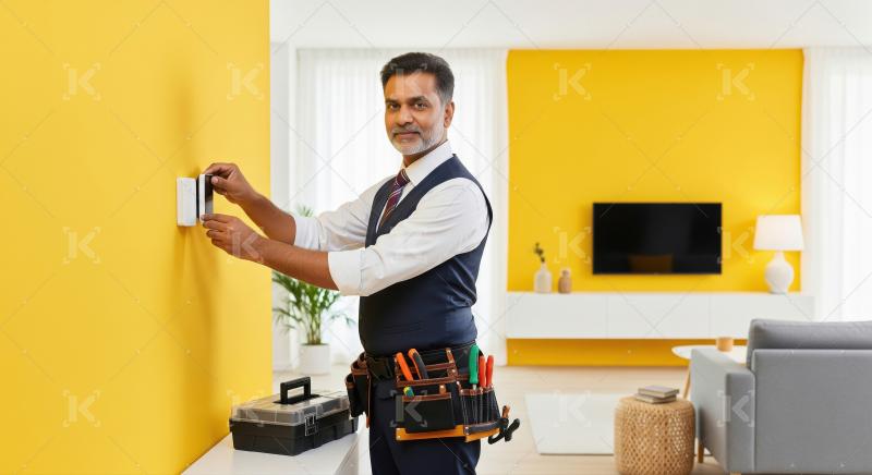 A confident maintenance worker in overalls and toolbelt points w